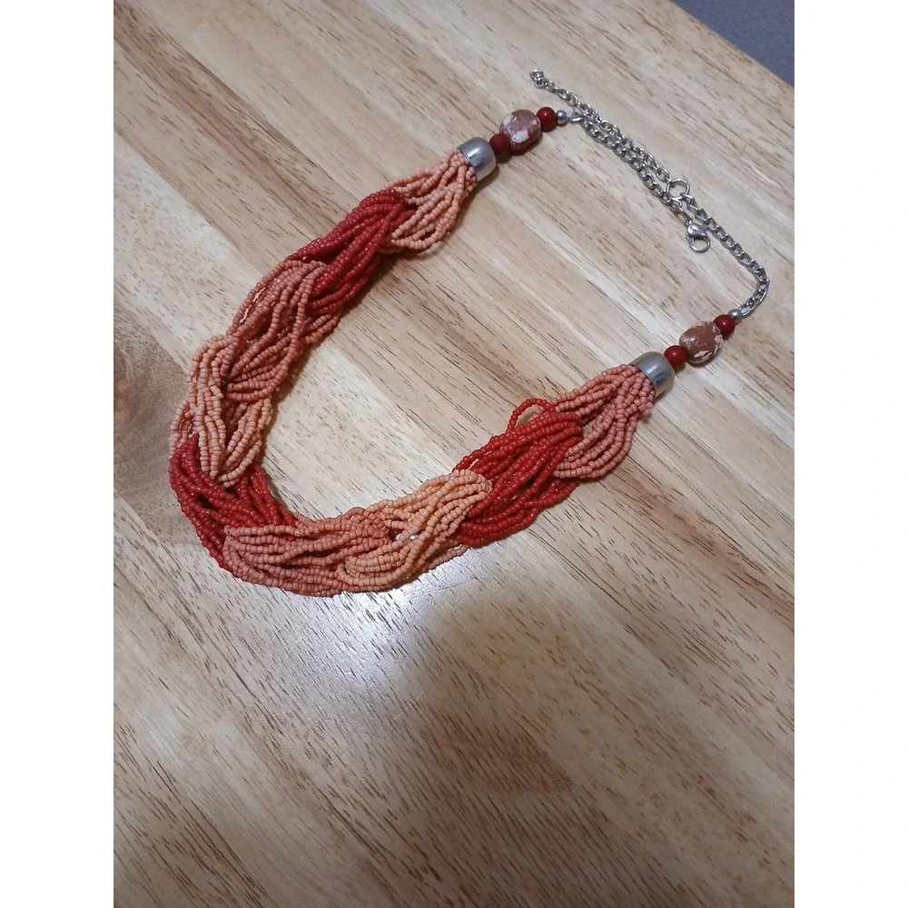 Vintage Seed Bead Choker Necklace Pink Fuchsia Multi Strand 16 Inches - Picture 2 of 6